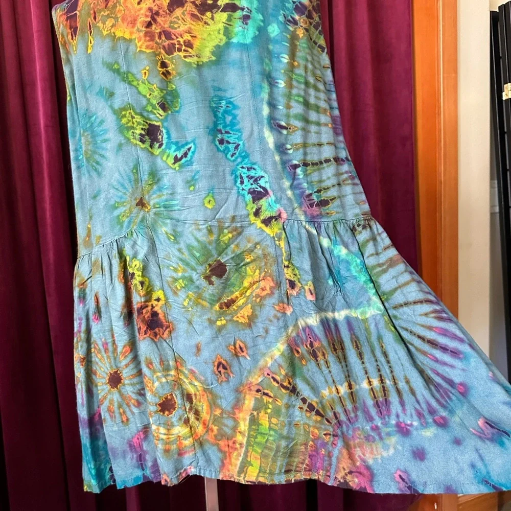 Sacred Threads Tie Dye Tank Tunic one size w/gather details on side square neck - Picture 7 of 11